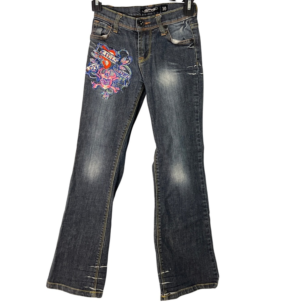 Ed Hardy Kids Y2K Vintage Retro Flare Denim Embellished Jeans Girls 10 Punk